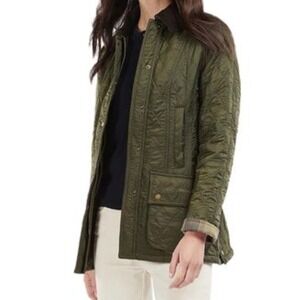 Barbour Beadnell Quilted Jacket Olive Green Corduroy Trim Tartan Lining Size 8